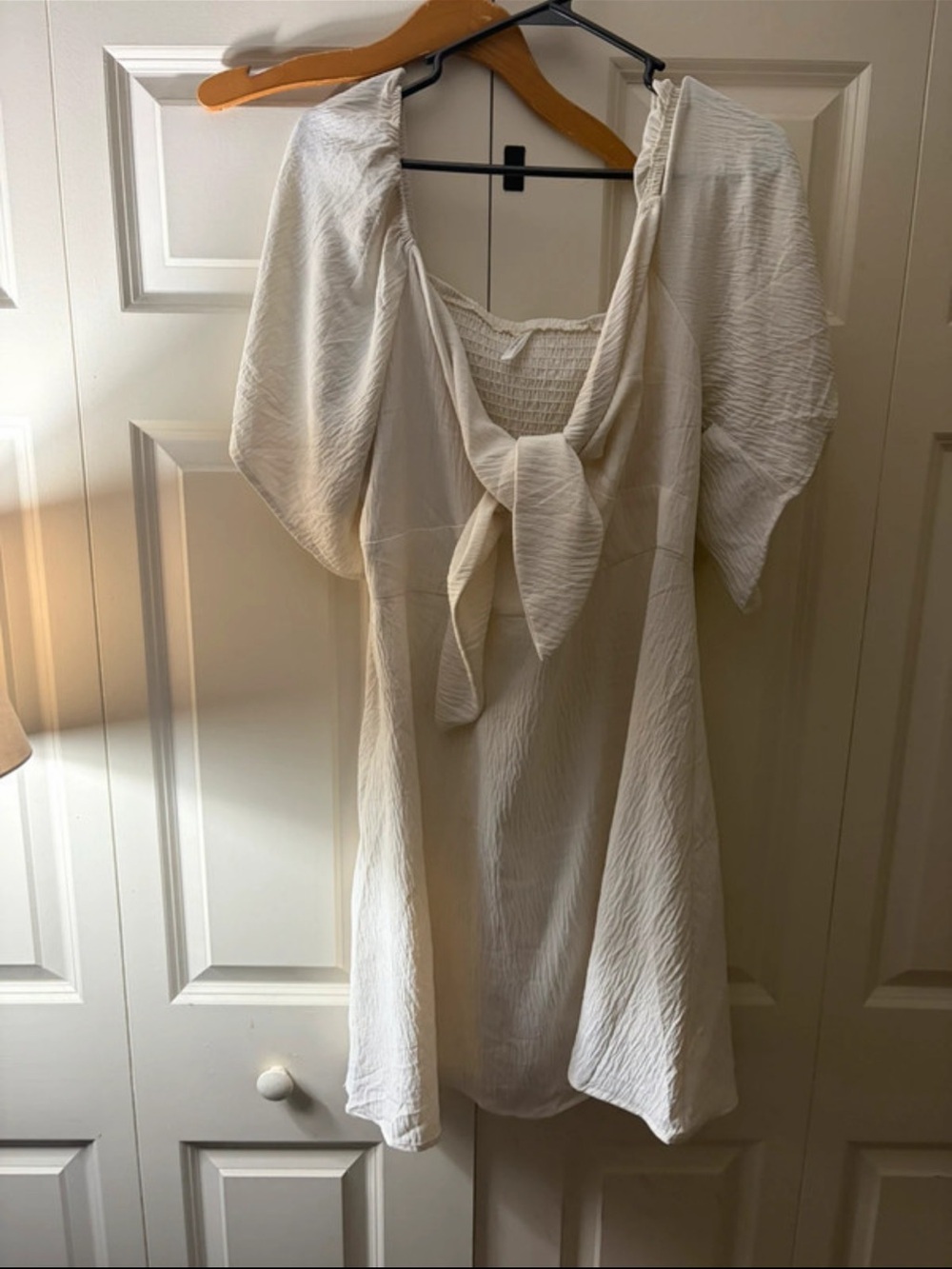 Cream Tie-Front Mini Dress with Puff Sleeves